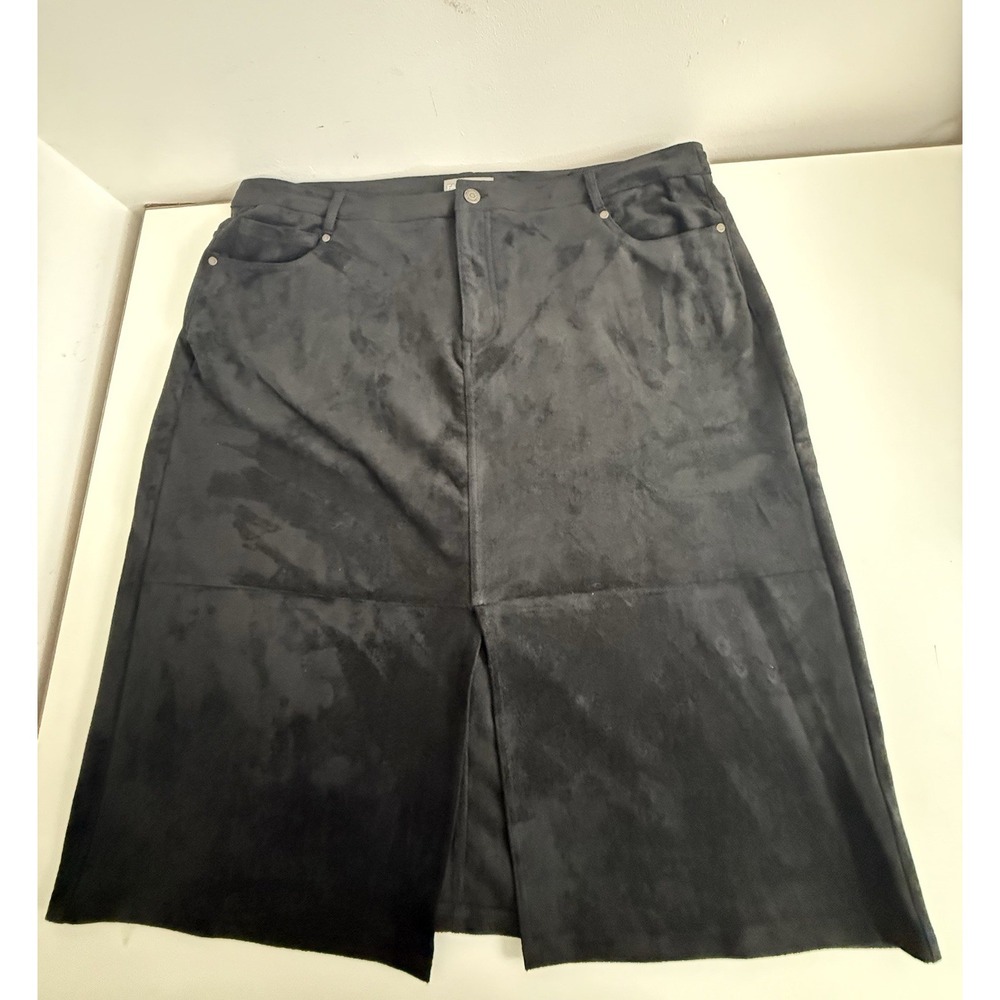 Falls Creek Womens 22 Black Velvet Feel Midi Skirt Stretch Front Slit Plus Size